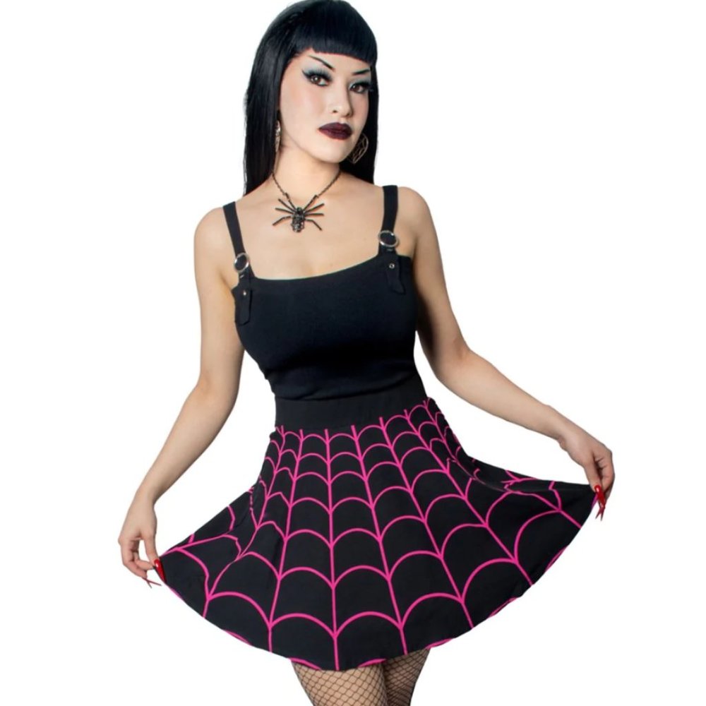 1 XL LEFT!! Black Pink Spiderweb Skater Circle Fit Flare Skirt S-M-L-XL-2XL NWT - Picture 2 of 3